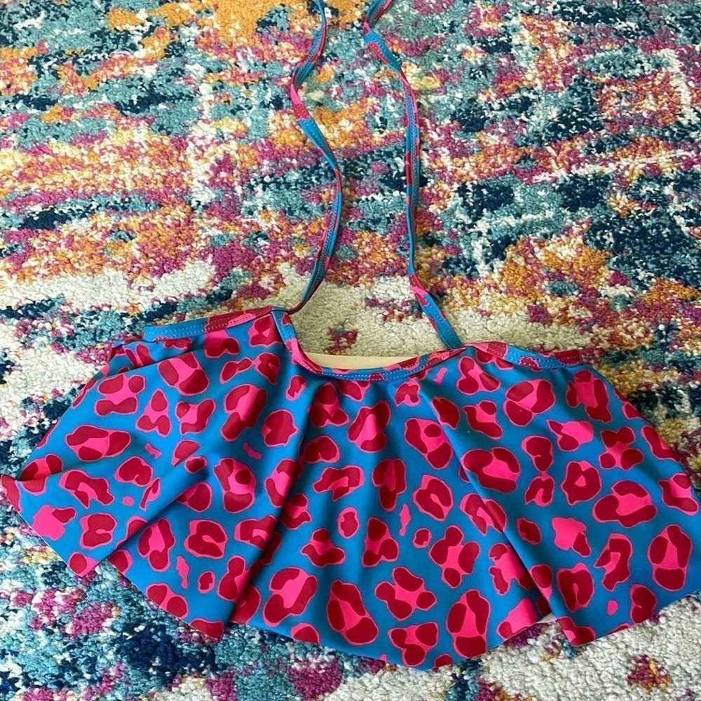 Kortni Jeane Swim Tie Neck Ruffle Swim Top Vibrant Leopard